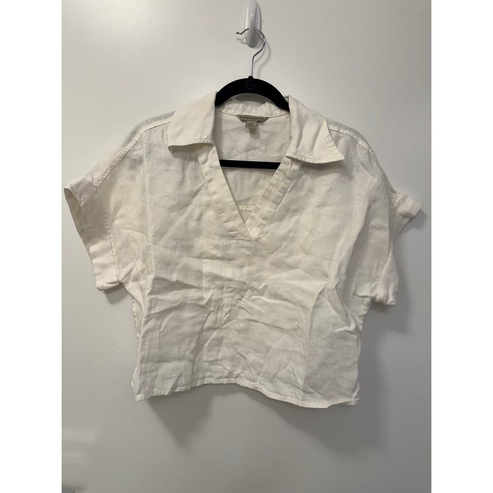 Banana Republic White/Cream Medium Linen Boxy Collared Short Sleeve Shirt
